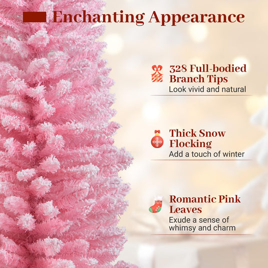 Goplus 5ft / 6ft Pink Slim Pencil Christmas Tree | Snow Flocked Skinny Xmas Full Tree