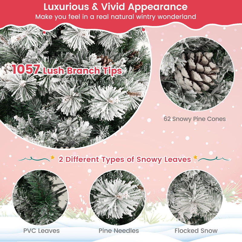 Load image into Gallery viewer, Goplus 7 FT Pre-Lit Snow Flocked Christmas Tree, Artificial Hinged Xmas Tree with 1057 PVC &amp; Pine Needles Branch Tip
