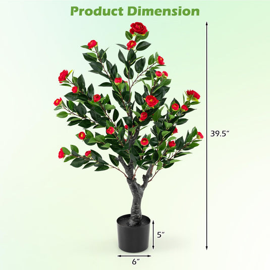 Goplus 39.5 inch Artificial Camellia Tree Set of 2 | Indoor Greenery Floral Plant Potted Decoration Tree