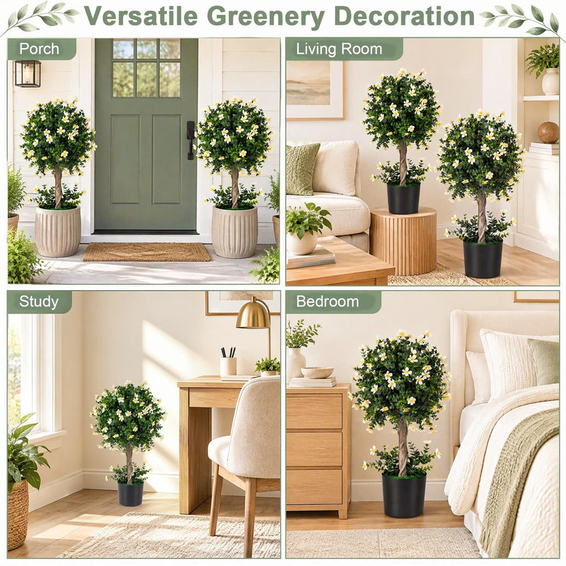 Load image into Gallery viewer, Goplus 26" Artificial Topiary Trees Set of 2 | Realistic Potted Plants w/ White Blossoms and Round Leaves
