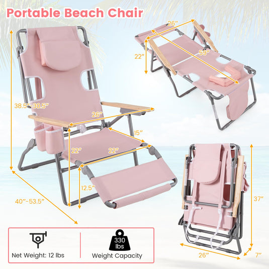 Goplus 3-in-1 Foldable Beach Chair Heavy-Duty Recliner for Camping Poolside Sunbathing