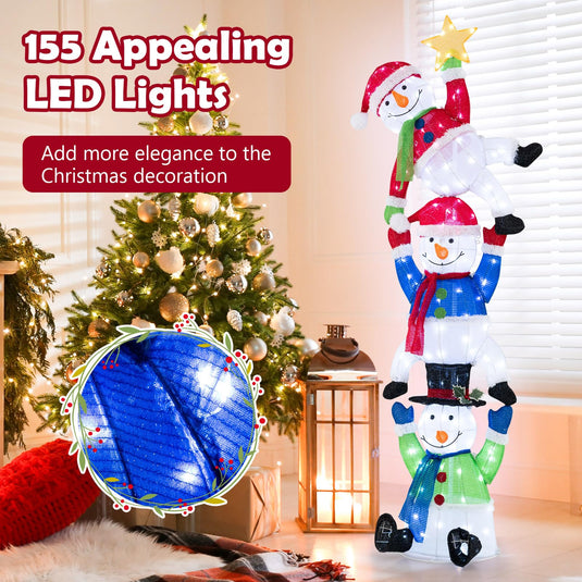 Goplus 6 ft Christmas Stacked Snowman, 3D Pre-Lit Snowman Decoration w/ 155 LED Lights