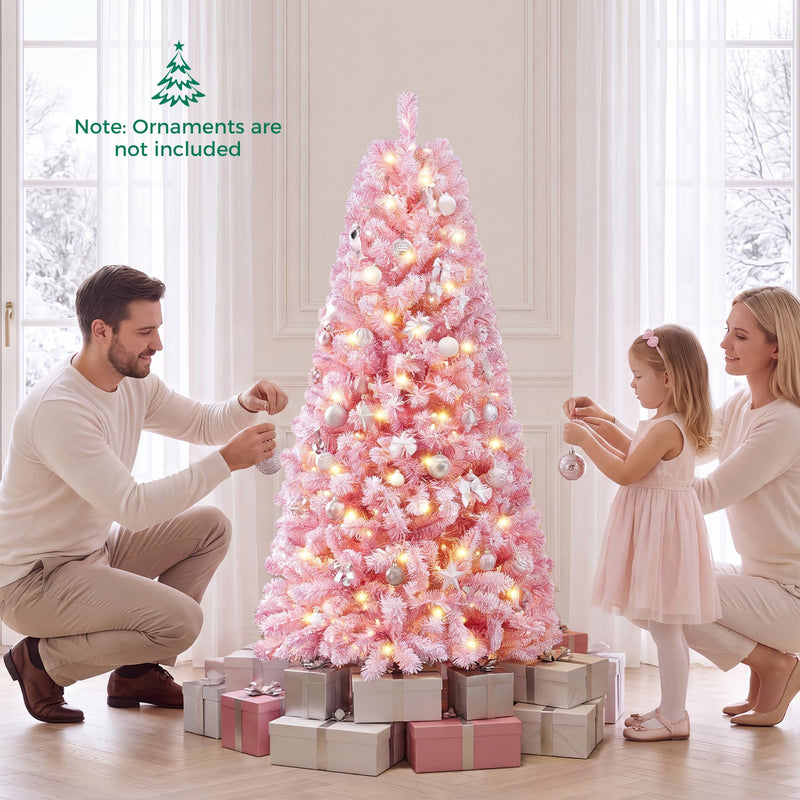Load image into Gallery viewer, Goplus 5ft/6ft/7ft Pink Pre-Lit Flocked Christmas Trees | Hinged Artificial Xmas Tree
