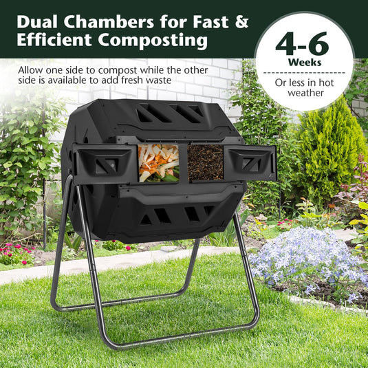 Goplus Compost Bin, 42-Gal Dual Chamber Composting Tumbler w/2 Sliding Doors, Heavy-Duty Metal Frame