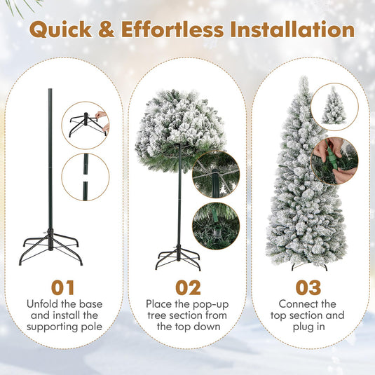Goplus 6ft / 7ft Pre-Lit Pop Up Christmas Tree Collapsible Snow Flocked Artificial Xmas Tree