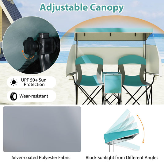 Goplus Double Beach Chair w/Roll-up Shade Cooler Bag Cup Holders Carrying Bag