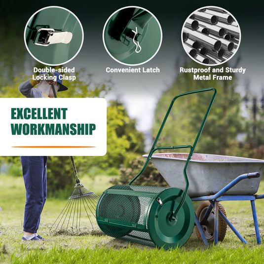 Goplus 27" Compost Spreader, Peat Moss Spreader, Heavy Duty Metal Mesh Lawn Roller