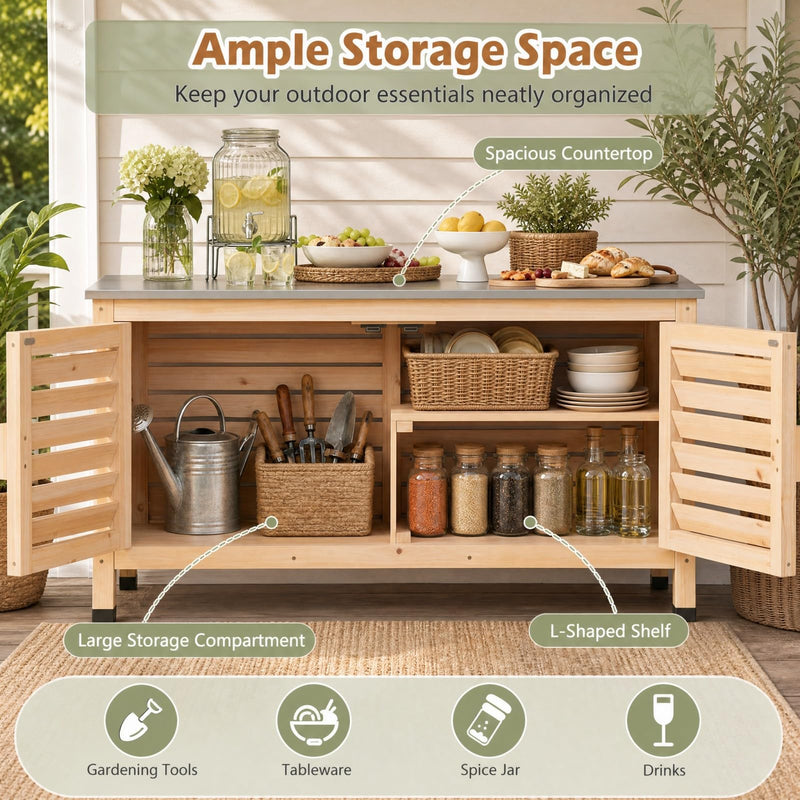 Load image into Gallery viewer, Goplus Patio Storage Cabinet | Fir Wood Sideboard with Stainless Steel Countertop
