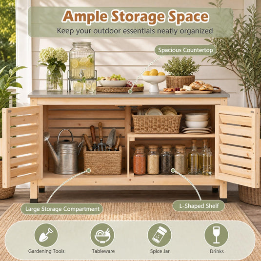 Goplus Patio Storage Cabinet | Fir Wood Sideboard with Stainless Steel Countertop