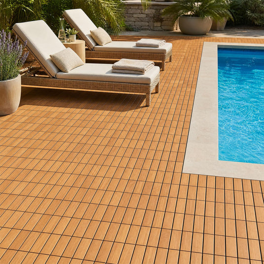 Goplus 27/54-Pack Acacia Wood Interlocking Deck Tiles (Grid) | All-Weather Flooring Tiles