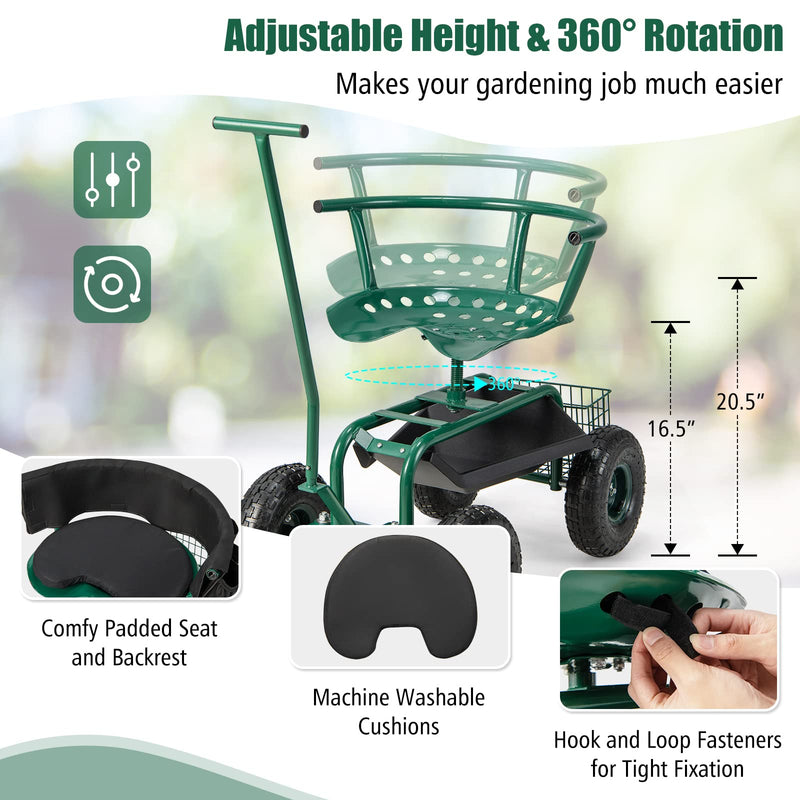 Load image into Gallery viewer, Goplus Rolling Garden Cart, Garden Scooter with Seat &amp; Tool Storage, Outdoor Gardening Workseat
