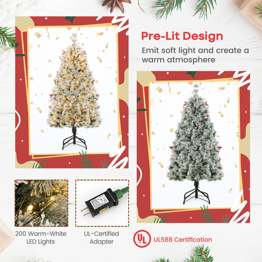 Goplus 4.5ft Pre-Lit Artificial Christmas Tree, Snow-Flocked Hinged Xmas Tree with 251 Pine Needles