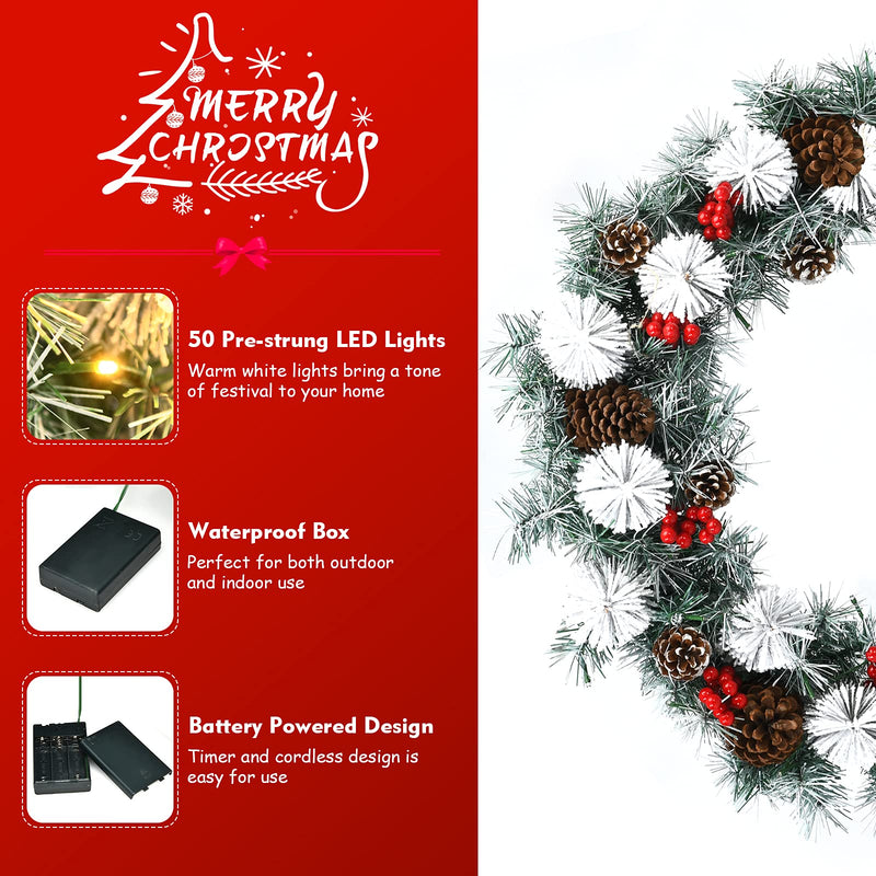 Load image into Gallery viewer, Goplus 30” Pre-lit Christmas Wreath Snow Flocked Lighted Xmas Wreath w/ 50 LED Lights
