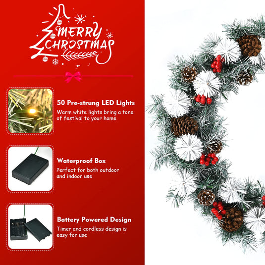 Goplus 30” Pre-lit Christmas Wreath Snow Flocked Lighted Xmas Wreath w/ 50 LED Lights