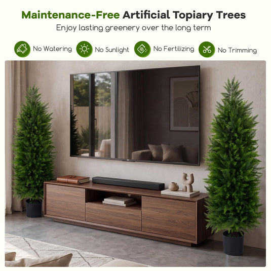 Goplus 4 FT Artificial Faux Cedar Cypress Plants in Cement-Filled Pots Set of 2