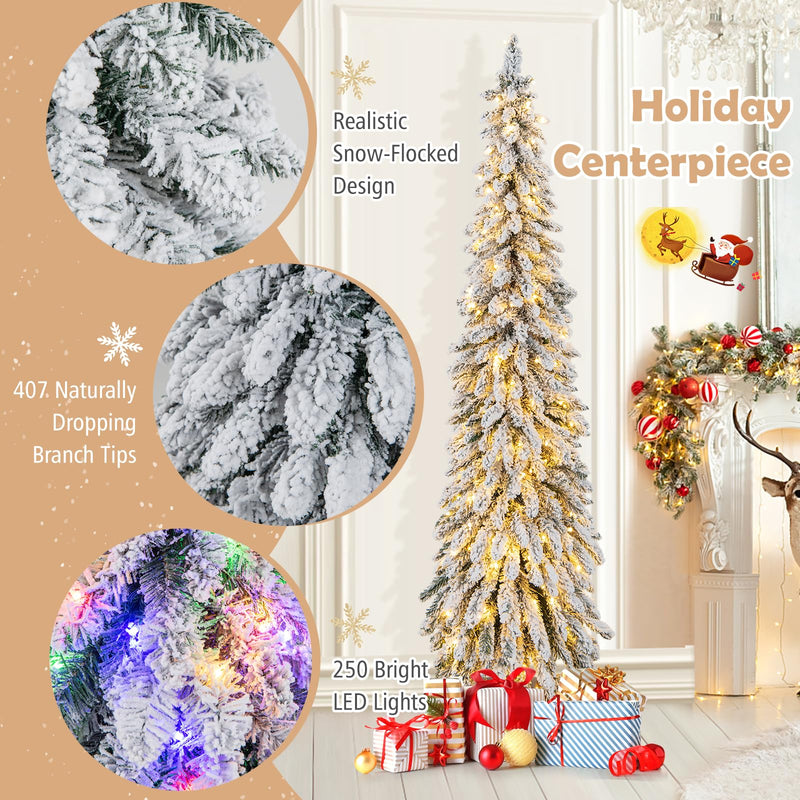 Load image into Gallery viewer, Goplus 6ft Pre-Lit Flocked Christmas Tree, Artificial Slim Pencil Xmas Tree with 250 LED Lights
