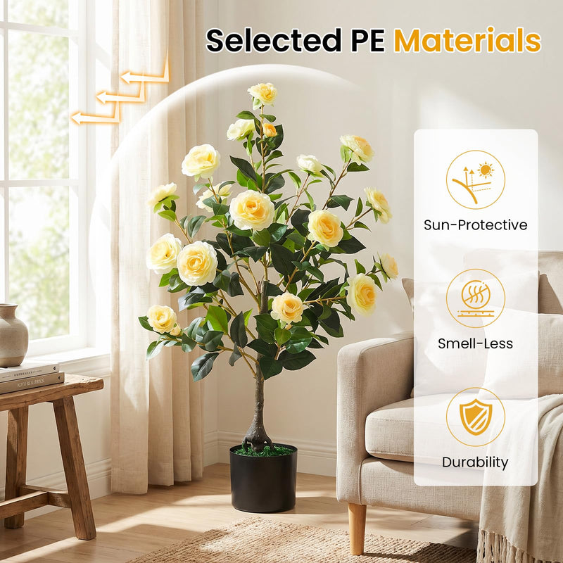 Load image into Gallery viewer, Goplus 35.5" Artificial Camellia Tree Faux Floral Plant Blooming Tree in Cement Pot
