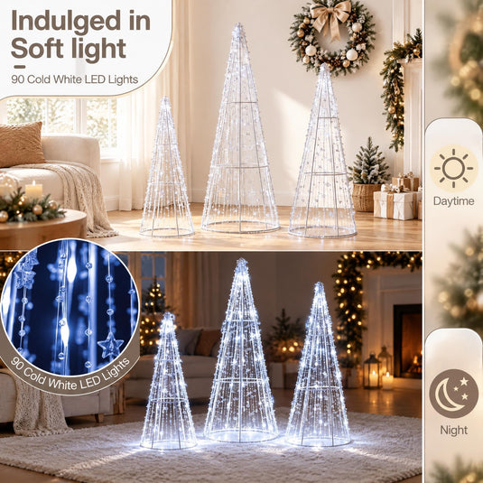 Goplus Christmas Tree Decoration | Set of 3 Lighted Glittered Cone Trees