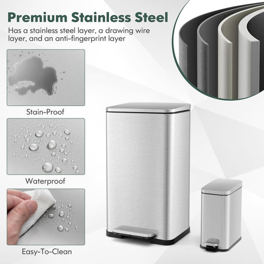 Goplus Step Trash Can Combo Set, 10.6 Gal/40 L and 1.6 Gal/6 L Stainless Steel Waste Bin