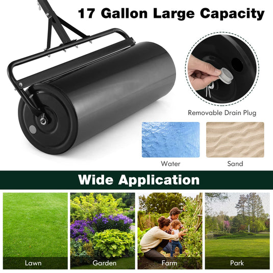 Goplus Lawn Roller, Push/Tow-Behind Lawn Roller, 17 Gallon/63L Water/Sand-Filled Sod Roller with Detachable Gripping Handle
