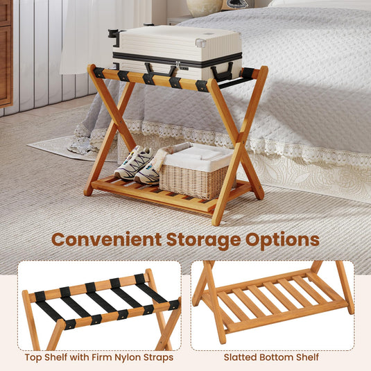 Goplus Luggage Rack Set of 2 or 4 Folding Acacia Wooden Suitcase Stand