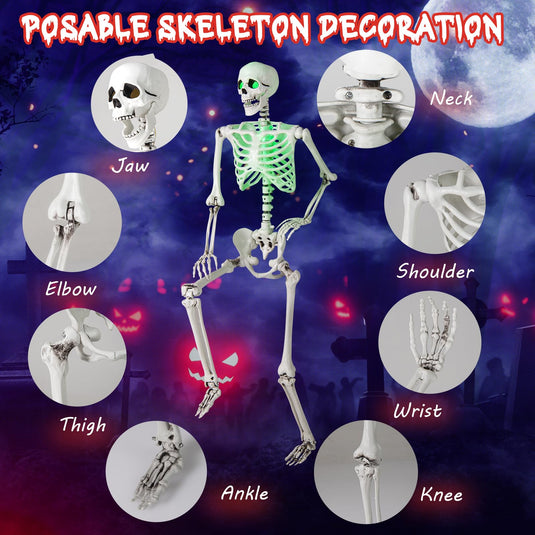 Goplus 63" Life-Size Posable Skeleton with Green LED Lights Halloween Lighted Skeleton Decoration