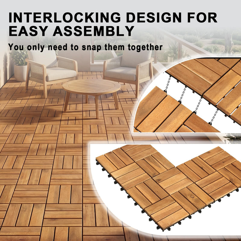 Load image into Gallery viewer, Goplus Checkered Acacia Wood Deck Tiles 12" x 12" Interlocking Floor Tiles for Patio
