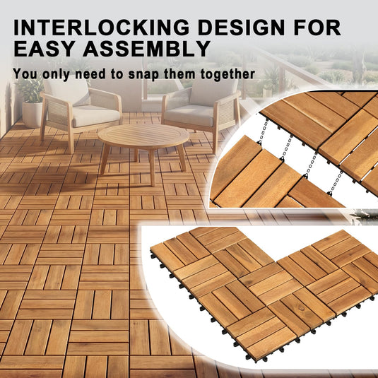 Goplus Checkered Acacia Wood Deck Tiles 12" x 12" Interlocking Floor Tiles for Patio