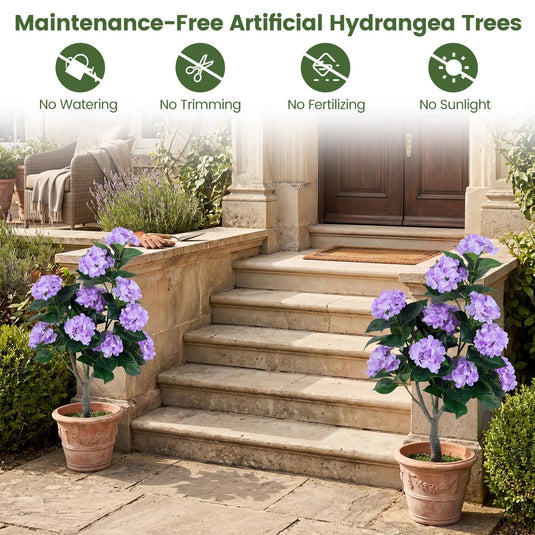 Goplus 2 Pack Artificial Hydrangea Tree w/11 Flowers & Realistic Trunk in Plastic Nursery Pot