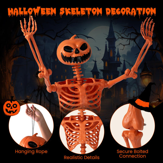 Goplus 5.2 Ft Life-Size Posable Skeleton with Pumpkin Head Halloween Orange Skeleton Decoration