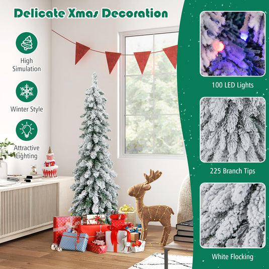 Goplus Pre-Lit Flocked Pencil Christmas Tree Artificial Slim Xmas Tree