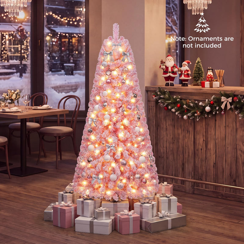 Load image into Gallery viewer, Goplus 5ft/6ft/7ft Pink Pre-Lit Flocked Christmas Trees | Hinged Artificial Xmas Tree
