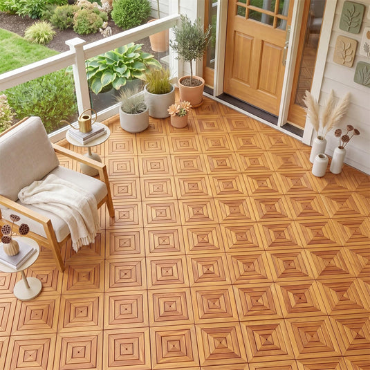 Goplus 24/48-Pack Acacia Wood Interlocking Deck Tiles (Diagonal) | Outdoor Waterproof