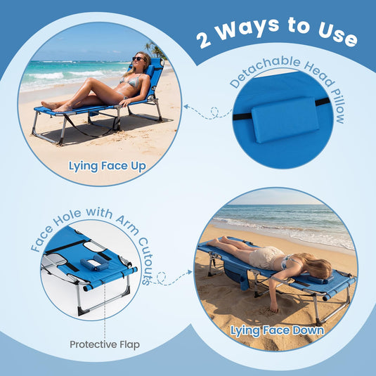 Goplus Tanning Chair with Face Arm Holes w/4-Level Backrest & Head Pillow for Pool Beach