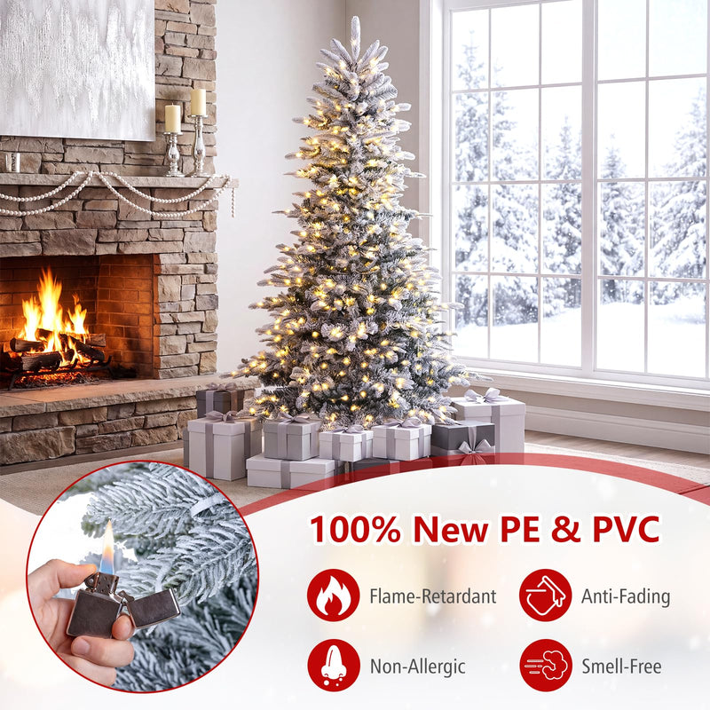 Load image into Gallery viewer, Goplus 6ft/7ft Pre-Lit Snow Flocked Christmas Tree with Warm White LED Lights &amp; Folding Metal Stand
