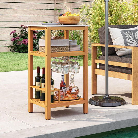Goplus 3-Tier Patio Buffet Cabinet Bar Table with Faux Marble Countertop