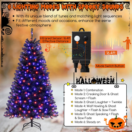 Goplus 6/7/8 FT Pre-Lit Black Halloween Tree, Artificial Hinged Christmas Tree with 280/380/500 Orange & Purple LED Lights