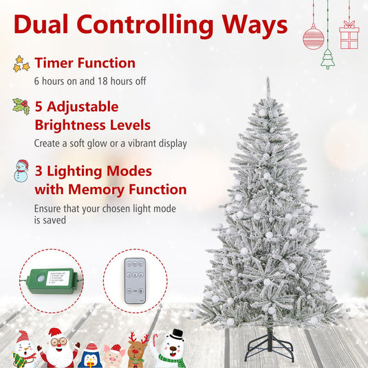 Goplus Pre-Lit Snow Flocked Christmas Tree with Warm White LED Lights & Globe Lights