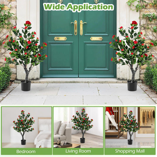 Goplus 39.5 inch Artificial Camellia Tree Set of 2 | Indoor Greenery Floral Plant Potted Decoration Tree
