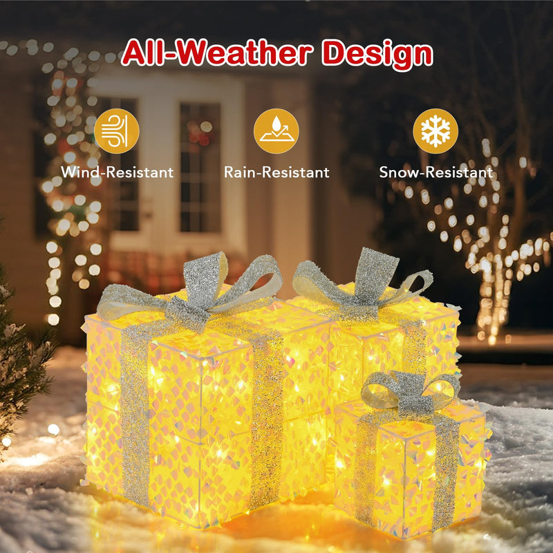 Load image into Gallery viewer, Goplus 3 Pieces Christmas Lighted Gift Boxes ( Laser Fish Scale )

