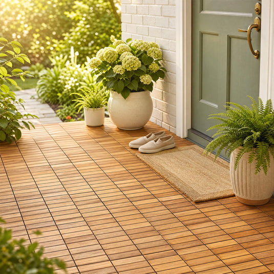 Goplus 27/54-Pack Acacia Wood Interlocking Deck Tiles (Grid) | All-Weather Flooring Tiles