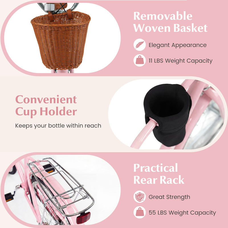 Load image into Gallery viewer, Goplus 24/26-Inch Beach Cruiser Bike for Women w/ Cup Holder Basket &amp; Front Rear Reflectors
