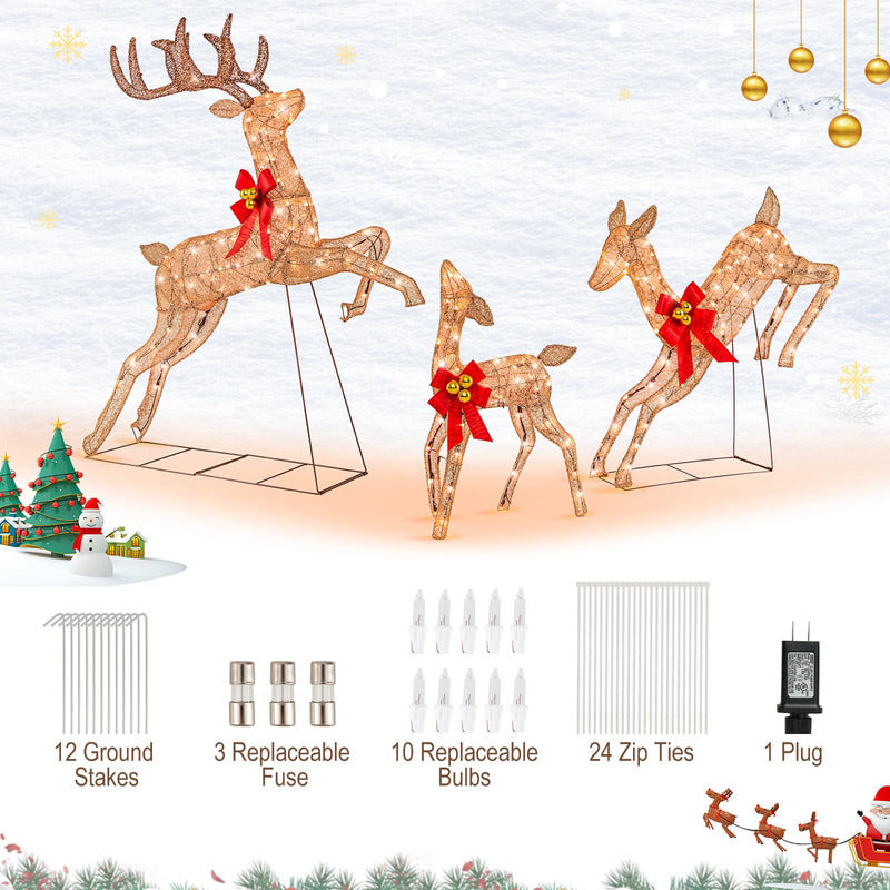 Load image into Gallery viewer, Goplus 3 Pieces Light up Christmas Reindeers Pre-lit Glittering Reindeer Family Set

