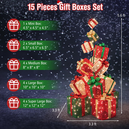 Goplus 15 Pieces Stackable Pre-lit Lighted Boxes Tower w/ 450 Warm White Lights