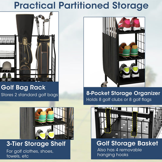 Goplus Golf Bags Storage Garage Organizer, Golf Bag Rack with Lockable Universal Wheels for Golf Clubs