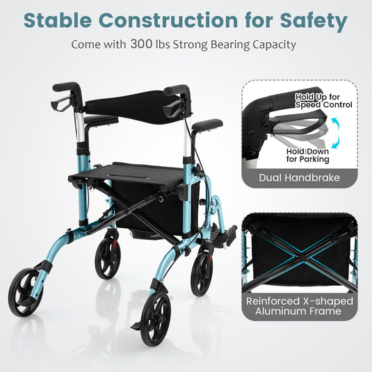 Goplus 2 in 1 Folding Rollator Walker, 4 Wheel Medical Walker with Seat