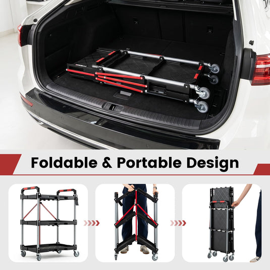 Goplus 3-Tier Folding Utility Cart w/Swivel Wheels | Tool-Free Assembly