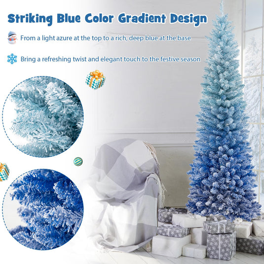 Goplus 6 FT Blue Gradient Snow Flocked Christmas Tree, Artificial Unlit Hinged Xmas Full Tree with 435 Lush Branch Tips