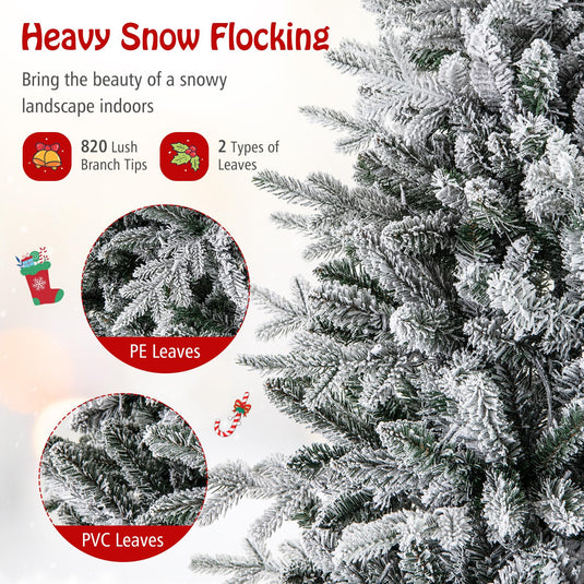 Goplus 6ft Pre-Lit Snow Flocked Christmas Tree, Artificial Hinged Full ...