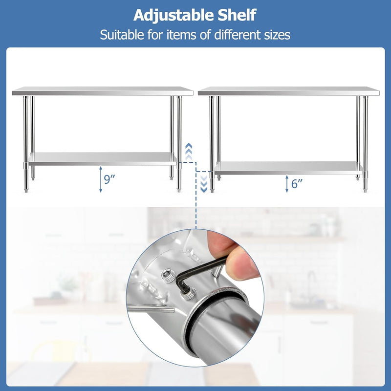 Load image into Gallery viewer, Goplus Stainless Steel Table with Wheels, 60” x 24” Rolling Kitchen Prep Table Work Table with Height Adjustable Under Shelf
